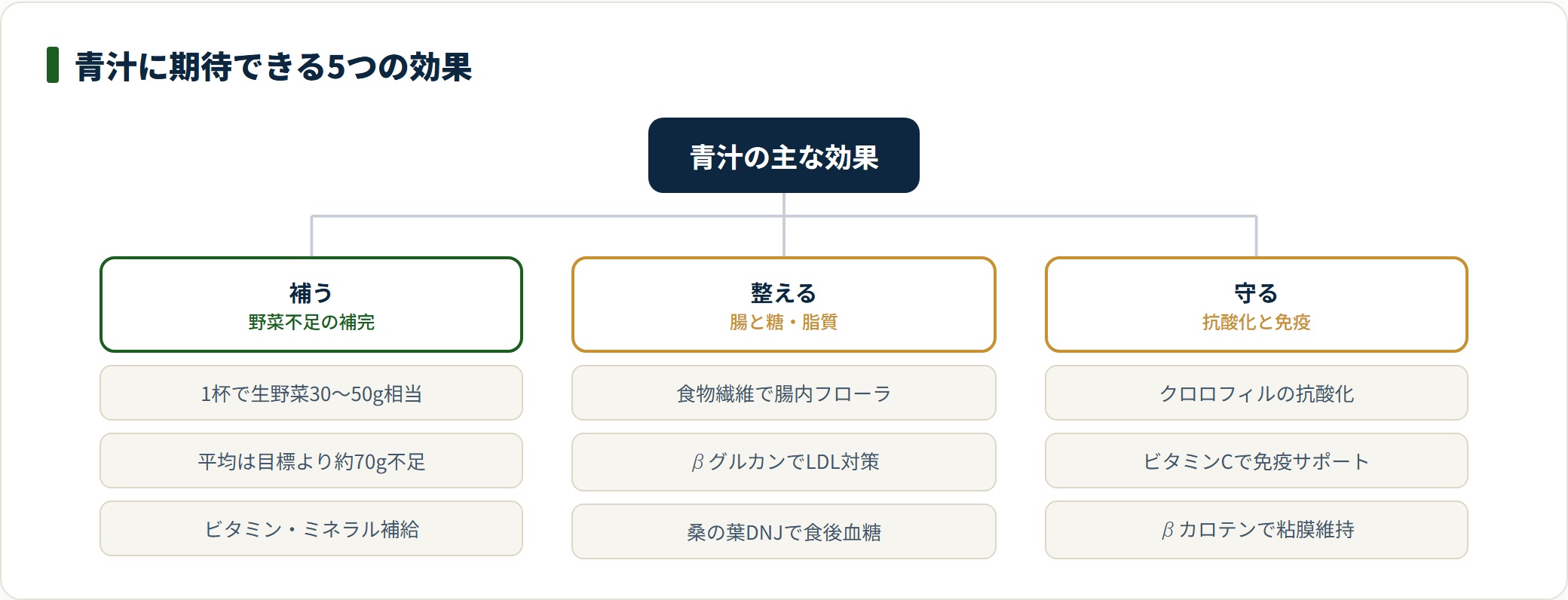 青汁に期待できる5つの効果を補う・整える・守るの3系統に分類した図。野菜不足の補完、腸内環境と血糖値、抗酸化と免疫の関与成分を示している。